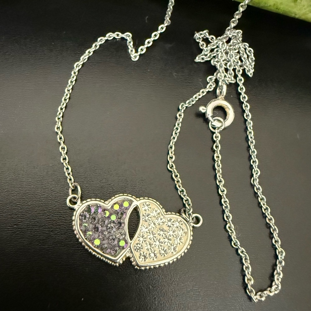 “N TH” Signed Silver-tone Double Hearts Pave Rhinestones 18” Necklace 3g.
